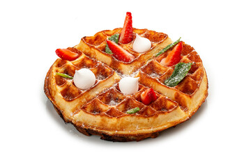 American round waffle. With strawberries and meringue. On a white background, isolated.