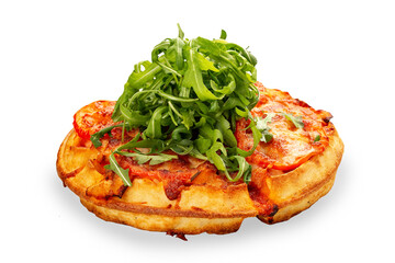 American Round Waffle. With chicken, tomato and mozzarella. On a white background, isolated.