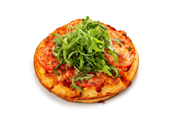 American Round Waffle. With chicken, tomato and mozzarella. On a white background, isolated.