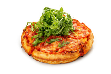 American Round Waffle. With chicken, tomato and mozzarella. On a white background, isolated.