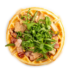 American Round Waffle. With bacon, chicken and arugula. On a white background, isolated.