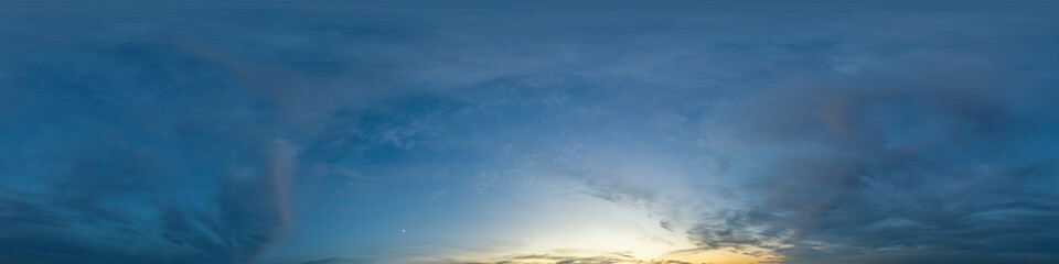 Dramatic sunset sky panorama with Cumulus clouds. Seamless hdr 360 pano in spherical...