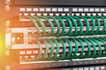 Connecting RJ45 patch cords to the Ethernet switch of the data center in close-up.