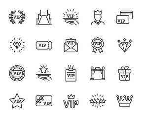 Vector set of vip line icons. Contains icons vip card, exclusive, diamond, vip pass, vip customer, red carpet, vip service and more. Pixel perfect. - obrazy, fototapety, plakaty