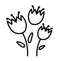 Obraz premium Elegant small bouquet of delicate wild flowers in line style. Beautiful spring bunch of bluebells. Doodle vector illustration isolated on white background