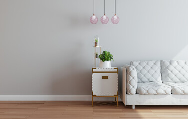 Mockup wall with armchair in living room with a white wall..modern living room with sofa. scandinavian interior design furniture..sofa chair and plants with white wall. copy space. 3D rendering.