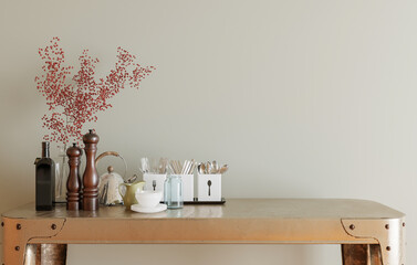 Mockup wall with armchair in living room with a white wall..modern living room with sofa. scandinavian interior design furniture..sofa chair and plants with white wall. copy space. 3D rendering.
