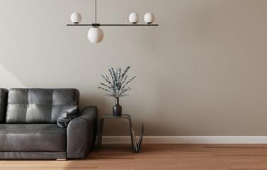 Mockup wall with armchair in living room with a brown wall..modern living room with sofa. scandinavian interior design furniture..sofa chair and plants with brown wall. copy space. 3D rendering.