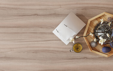 Mock up the top view of table in white with decorations. 3D rendering.