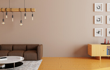 Mock up the living room wall in brown with modern sofas. and decorations in the living room..copy space. 3D rendering.