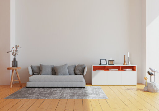Mockup wall with armchair in living room with a white wall..modern living room witn sofa. scandinavian interior design furniture..sofa chair and plants with white wall. copy space. 3D rendering.