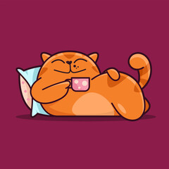 Cute red cat lies on a pillow and drinks tea. Demonstrates emotions, joy, happiness, good morning. Cat character hand drawn style, sticker, emoji - 516002872