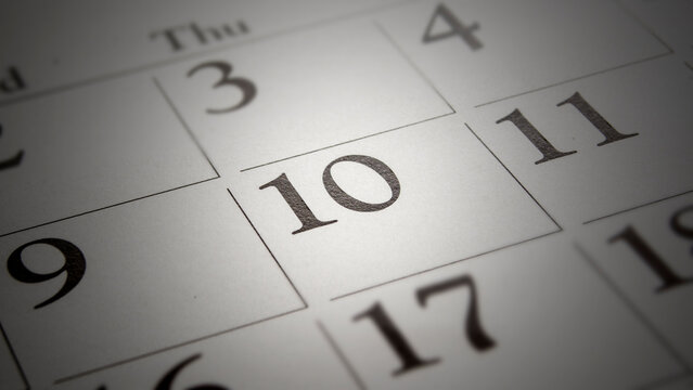 A calendar highlighting the 10th. dia 10. day 10	