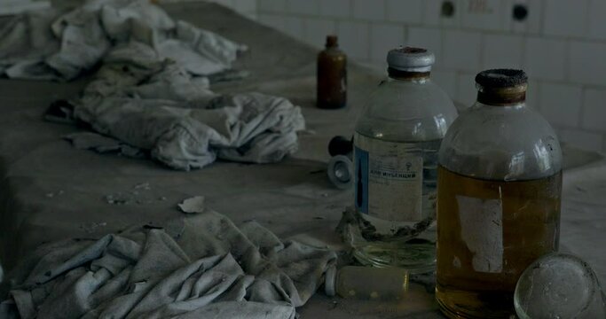 Old dusty bottles with medicine