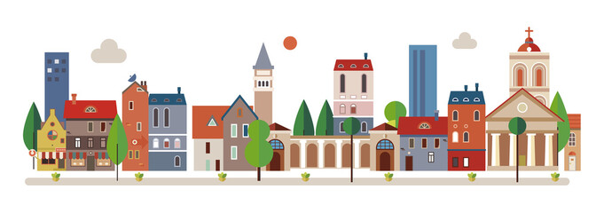 Cute houses, city buildings. Cosy town panorama with home exteriors. Urban street with chimneys, smoke. Flat vector illustration isolated on white background. © Vadym