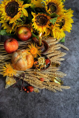 Wiccan Altar for Lammas, Lughnasadh pagan holiday. ears of wheat, homemade bread, flowers, apple,...