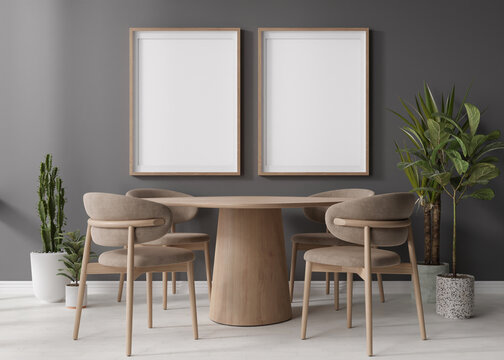 Two empty vertical picture frames on gray wall in modern dining room. Mock up interior in contemporary, scandinavian style. Free space for picture, poster. Wooden table, chairs, plants. 3D rendering.