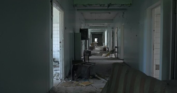 Ruined corridor in abandoned hospital Pripyat