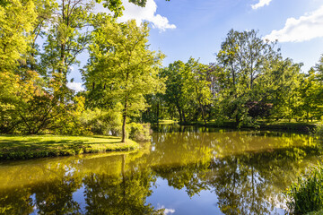 The public park with a pond for leisure landscape