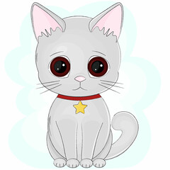 illustration of a cute gray cat with a star on a red ribbon