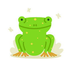 Green exotic frog vector illustration. Flat spotted toad with red legs sitting, fun froggy. Funny cartoon animal character isolated on white background