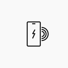 Smartphone with wireless charging technology line icon. Charging smartphone via wireless charging symbol.