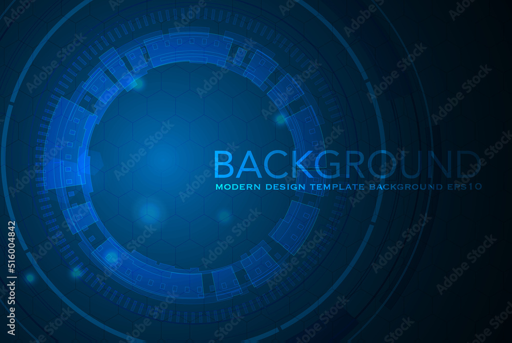 Poster vector tech circle with various technological elements on blue color background.