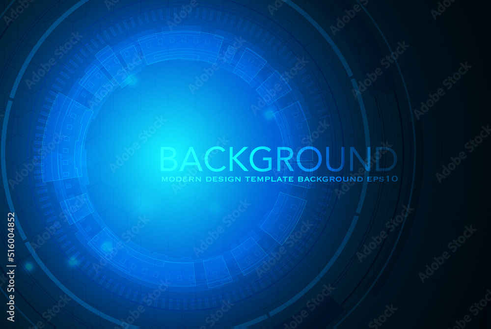 Poster vector tech circle with various technological elements on blue color background.
