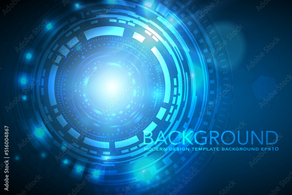 Poster vector tech circle with various technological elements on blue color background.
