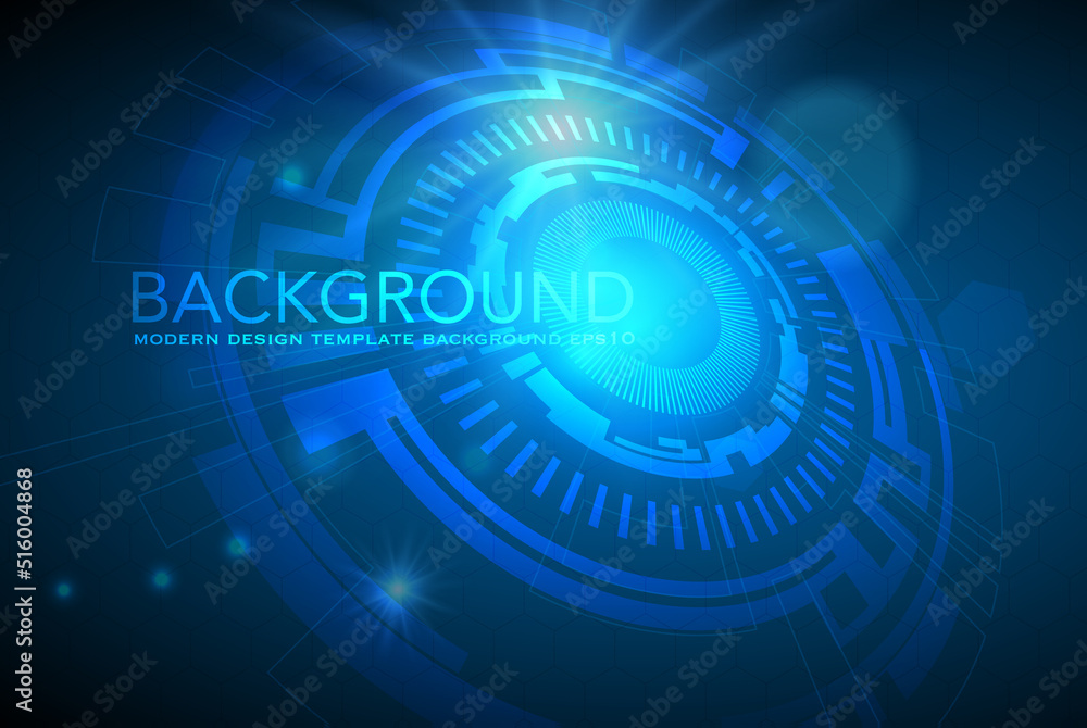 Poster vector tech circle with various technological elements on blue color background.