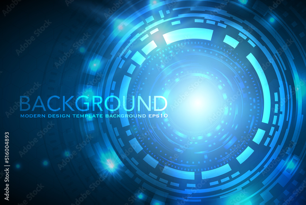 Poster vector tech circle with various technological elements on blue color background.