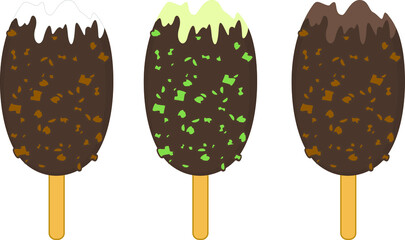 Ice cream vector illustration. Ice cream lolly. White. Chocolate. Pistachio. With nuts.