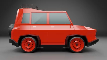 Gordijnen 3d render red small suv car model low poly vehicle wallpaper backgrounds © mapichai
