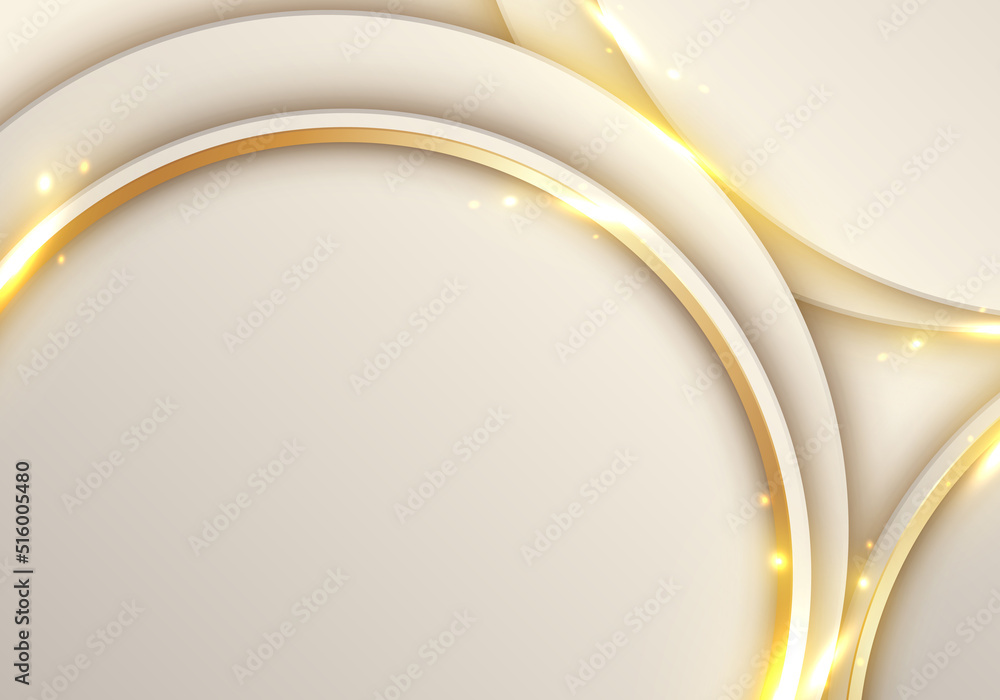 Poster abstract elegant white circle with 3d golden lines ring rounded overlapping layer and light sparking