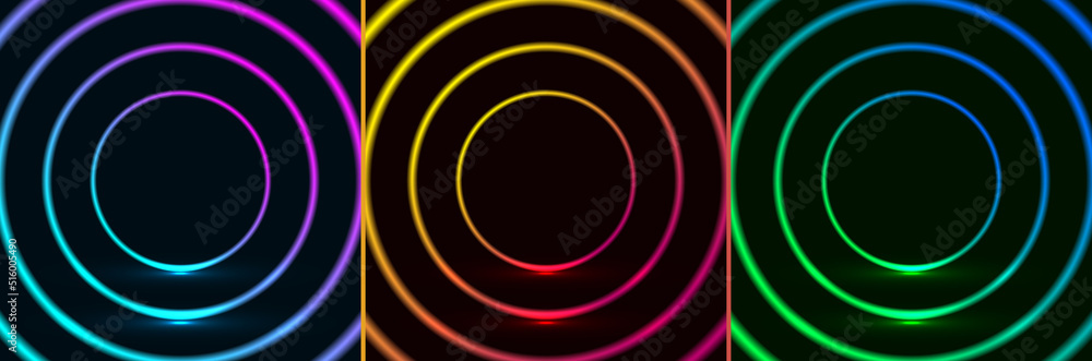 Poster set of colorful glowing neon lighting circles frame design pattern retro style on dark background