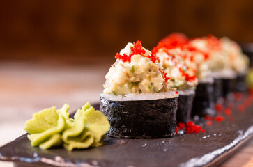 japanese dish rice rolls with cheese close-up
