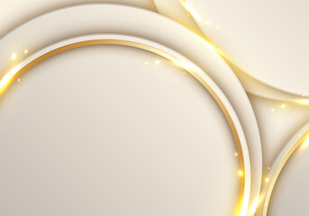 Abstract elegant white circle with 3D golden lines ring rounded overlapping layer and light sparking on clear background