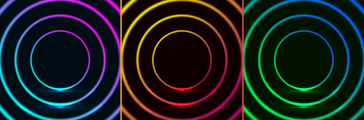 Set of colorful glowing neon lighting circles frame design pattern retro style on dark background