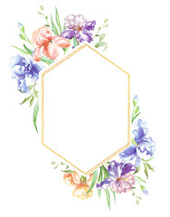 Watercolor iris frame. Hand-painted clipart