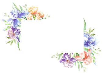 Watercolor iris frame. Hand-painted clipart