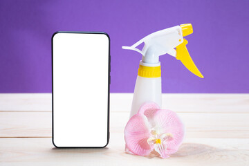 Healthy and blooming orchid: concept growing exotic plants conditions of house. Place for text, wooden background, selective focus on flowers with spray gun for spraying and phone with a cut out place