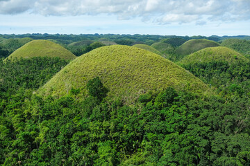 Fototapeta na wymiar Bohol, Philippines - July 2022: The Chocolate Hills are a geological formation in Bohol Island on July 3, 2022 in Bohol, Philippines.