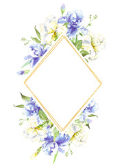 Fototapeta na wymiar Watercolor iris frame. Hand-painted clipart