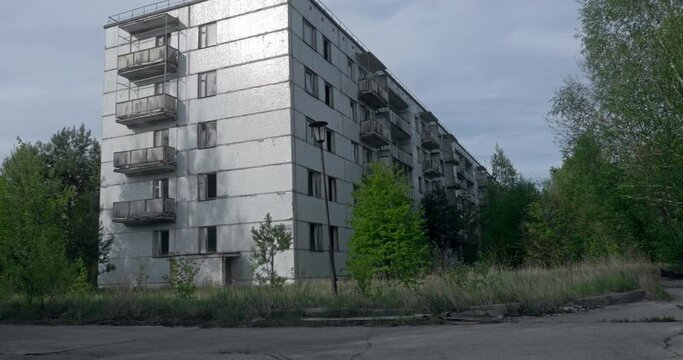 Abandoned white commie flat block in Pripyat