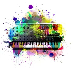 Poster colorful music background with synthesizer, top view color art © reznik_val