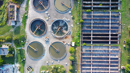 Water recycling sewage station from above. Drone aerial perspective view.