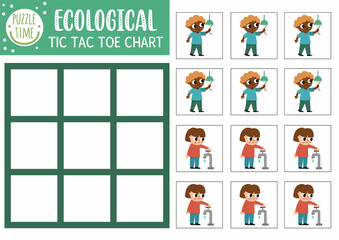 Fototapeta premium Vector ecological tic tac toe chart with cute kids saving water and electricity. Eco awareness board game playing field. Funny Earth day printable worksheet. Noughts and crosses grid .