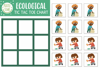 Vector ecological tic tac toe chart with cute kids gathering waste. Eco awareness board game playing field. Zero waste or Earth day printable worksheet. Noughts and crosses grid .