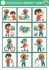 Fototapeta premium Vector ecological memory game cards with cute children caring of environment. Eco awareness matching activity. Remember and find correct card. Simple printable worksheet for kids.