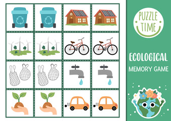 Vector ecological memory game cards with traditional environment friendly symbols. Eco awareness matching activity. Remember and find correct card. Earth day printable worksheet for kids.